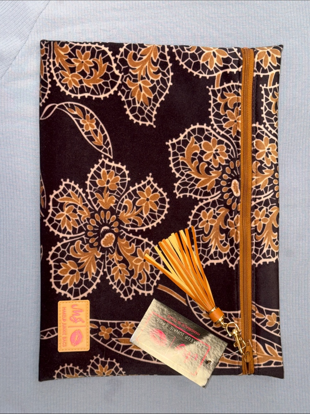 Floral Pattern Zip Pouch Clutch in Black and Tan